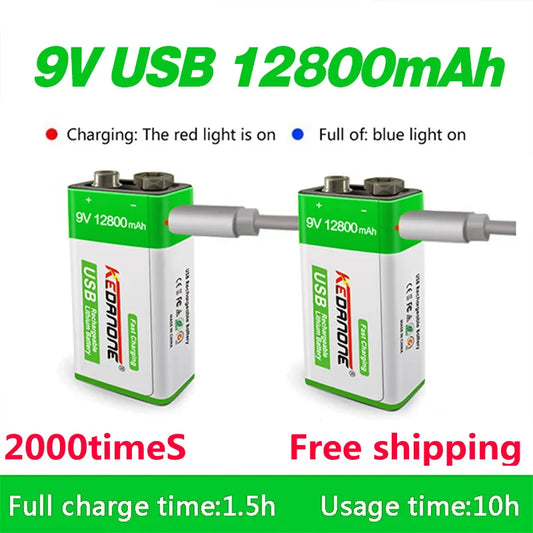 12800mAh 9V Rechargeable Battery with Micro USB - Long Life Lithium for Multimeter, Toy, Remote Control - Fast Airline Shipping